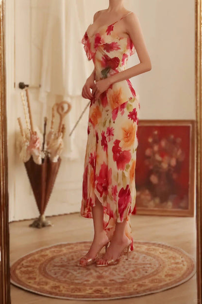 Beautiful Spaghetti Straps Chiffon Print Floral Mermaid Evening Dress Formal Party Gown Y8915