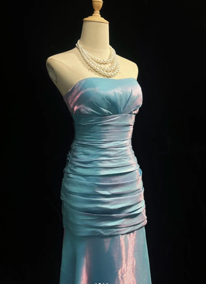 Dreamy Strapless Satin Pleated Mermaid Long Birthday Prom Dress Evening Gown,Blue Wedding Guest Dress SP1436