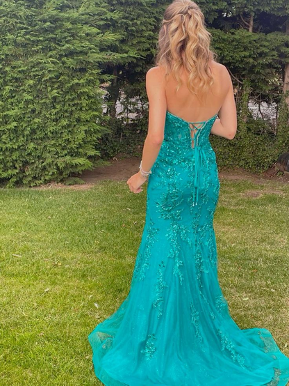Classy Green Strapless Tulle Appliques Mermaid Evening Dress Formal Birthday Outfits SP618