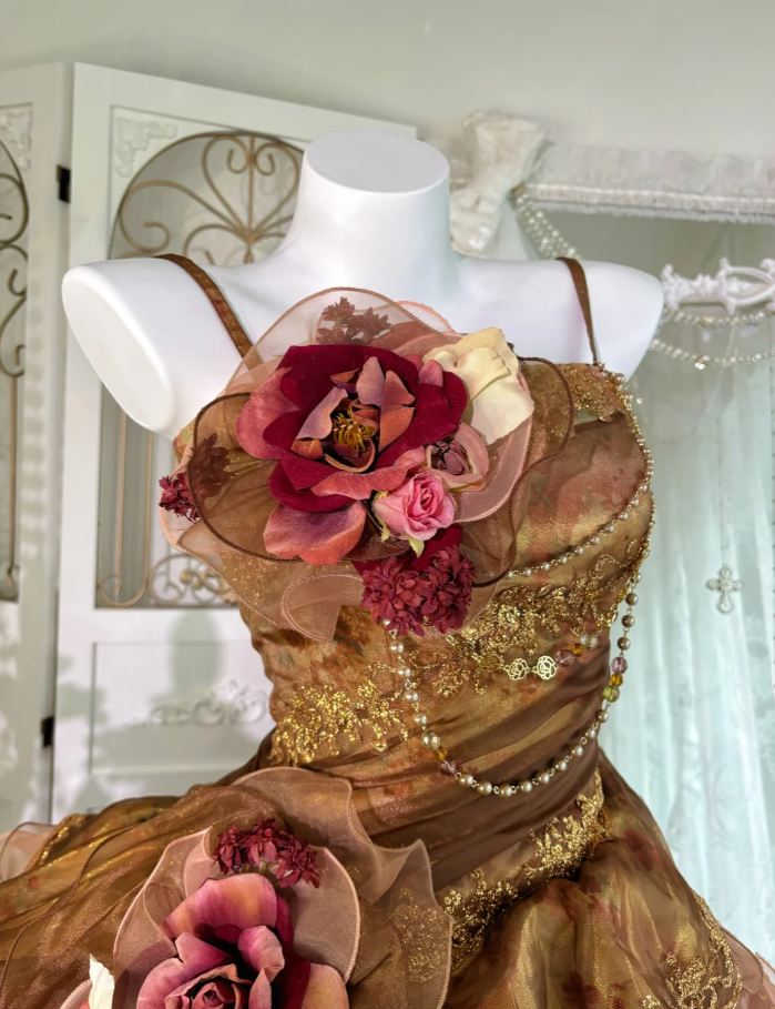 Vintage Caramel Brown Ball Gown Spaghetti Straps Satin Tulle Pleated Layered Long Birthday Quinceanera Dress SP1461