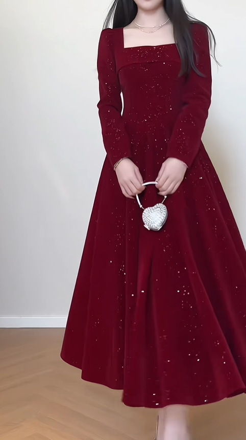 Pretty Square Neck Red Velvet Sequin A Line Birthday Outfits Formal Long Evening Gown SP623