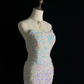 Sparkly White Spaghetti Straps Sequins Prom Dress,Mermaid Slit Tassel Evening Dress Y8648