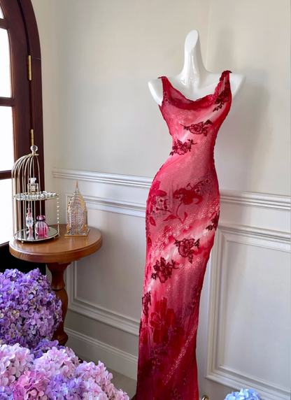 Glamorous Red Chiffon Print Floral Beaded Mermaid Prom Gown Birthday Party Dress SP755