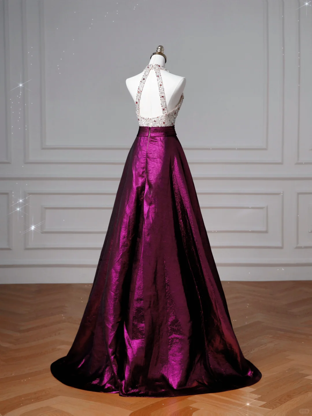 Classy Halter Purple Beaded Satin A Line Prom Dress Long Evening Dress Y8609