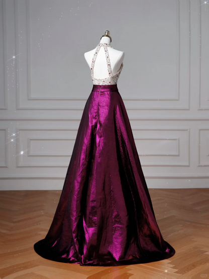 Classy Halter Purple Beaded Satin A Line Prom Dress Long Evening Dress Y8609