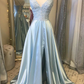 Light Blue Lace Lace-Up Back A-Line Prom Dress with Slit Y7424