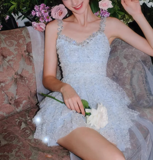 Sparkly Spaghetti Straps Sky Blue V Neck Tulle Sequin Beaded Homecoming Dress 20th Birthday Outfits Y9207
