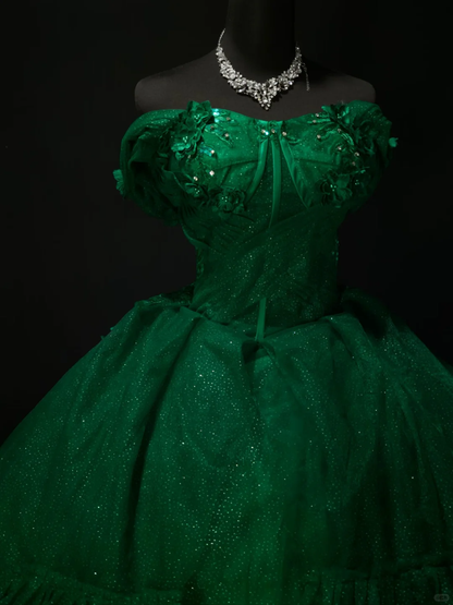 Unique Green Ball Gown Off The Shoulder Tulle Sequin Ruffles Birthday Quinceanera Dress SP3171