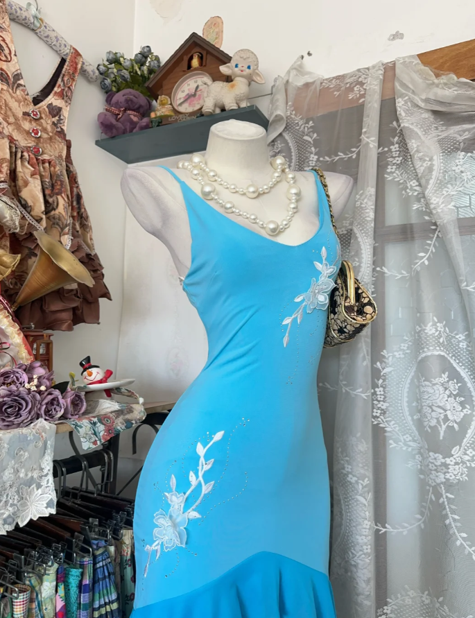 Classy Spaghetti Straps V Neck Blue Satin Chiffon Mermaid Long Prom Dress Party Gown SP1870