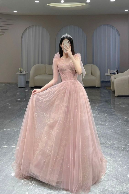Pink A-Line Tulle Long Prom Dress, Cute Pink Graduation Dress Y7009 – Simplepromdress