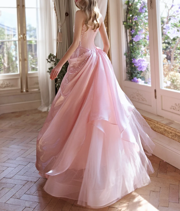 Fairy Pink Strapless Organza Pleated Beaded Long Birthday Party Dress Princess Prom Gowns SP2092