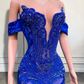 Luxury Royal Blue Ruched Flowers Prom Dresses For Black Girls Off The Shoulder Mermaid Evening Gowns Ruched Flowers  Y6642