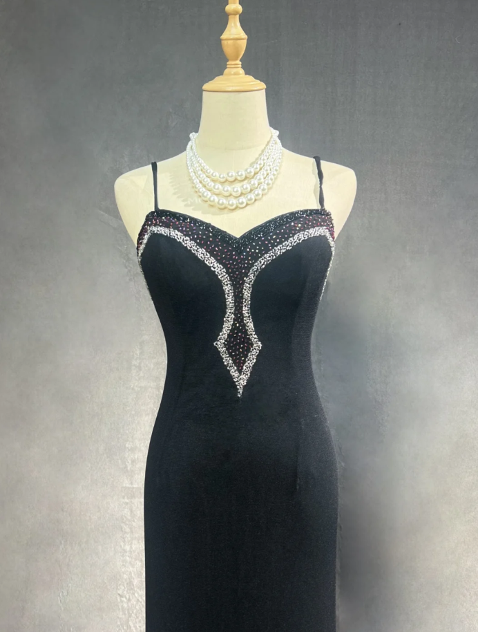 Stylish Spaghetti Straps Black Satin Beaded Mermaid Long Party Dress Formal Wedding Guest Dress SP1279