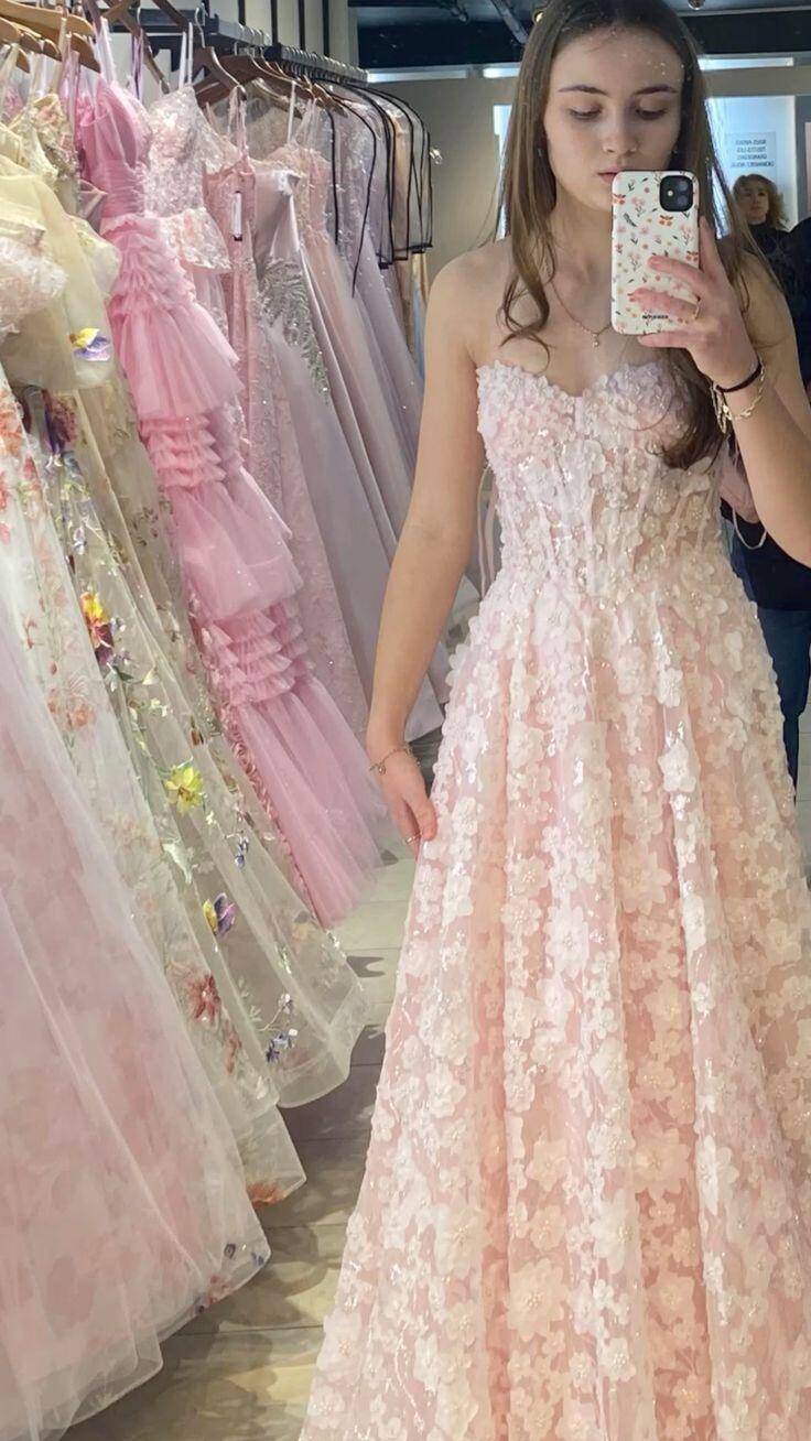 Pretty Pink Strapless Lace Floral Ball Gown Long Party Dress SP2633