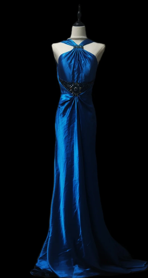 Sexy Halter Blue Sleeveless Satin Beaded Mermaid Evening Dress Long Wedding Guest Dress SP648