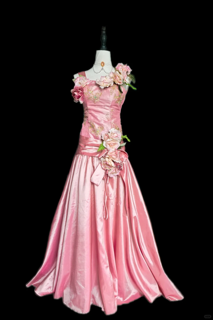Beautiful Peach Pink Embroidered Floral Satin A Line Long Party Dress Birthday Dress With 3D Flowers SP2329
