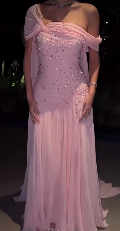 Pretty Pink Chiffon Beaded Mermaid Long Wedding Guest Dress Formal Evening Dress Birthday Dress SP1293