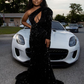 Sexy Black Mermaid Sequin Prom Dress,Long Sleeve Formal Dress Party Gown Gala  Y4273