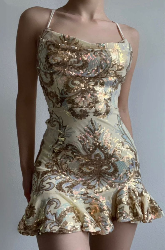 Gorgeous Halter Gold Sequin Sheath Cocktail Dress Short Formal Graduation Homecoming Dress Y9238