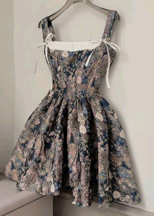 Unique Spaghetti Straps Satin Floral A Line Short Homecoming Dress Cocktail Dress SP2423