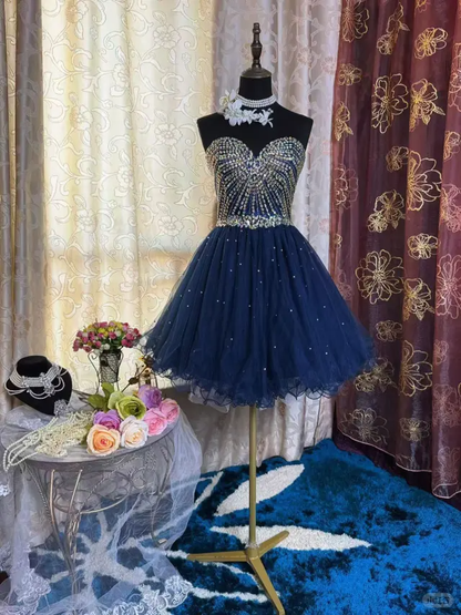 Vintage Navy Blue Tulle Beaded A Line Short Homecoming Dress Sexy Cocktail Dress Y9494