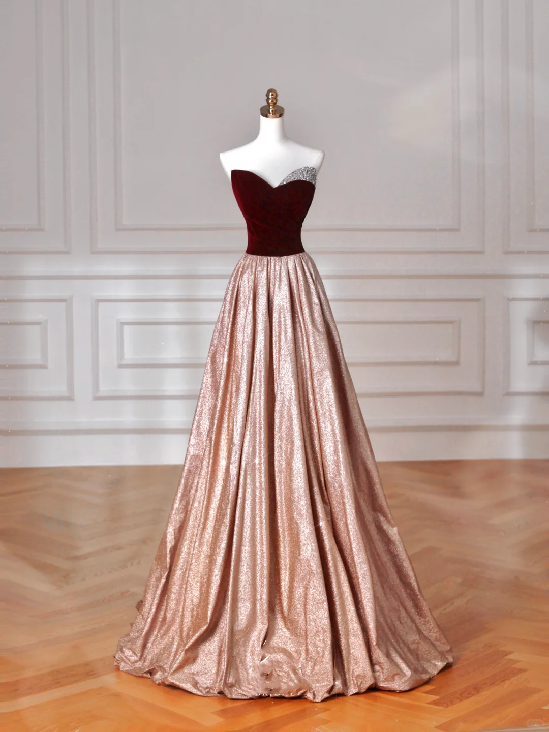 Vintage Strapless Velvet Satin A Line Prom Dress Long Evening Dress Y8627