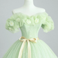A-Line Off Shoulder Tulle Sage Green Long Prom Dress, Green Sweet 16 Dress Y5854