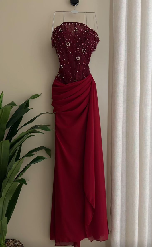 Pretty Burgundy Strapless Chiffon Pleated Beaded Long Party Dress Formal Wedding Guest Dress SP690