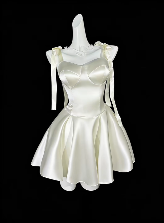 Cute Bow Straps Satin A Line Short Prom Dress,Off White Short 6th Grade Homecoming Dress SP3504