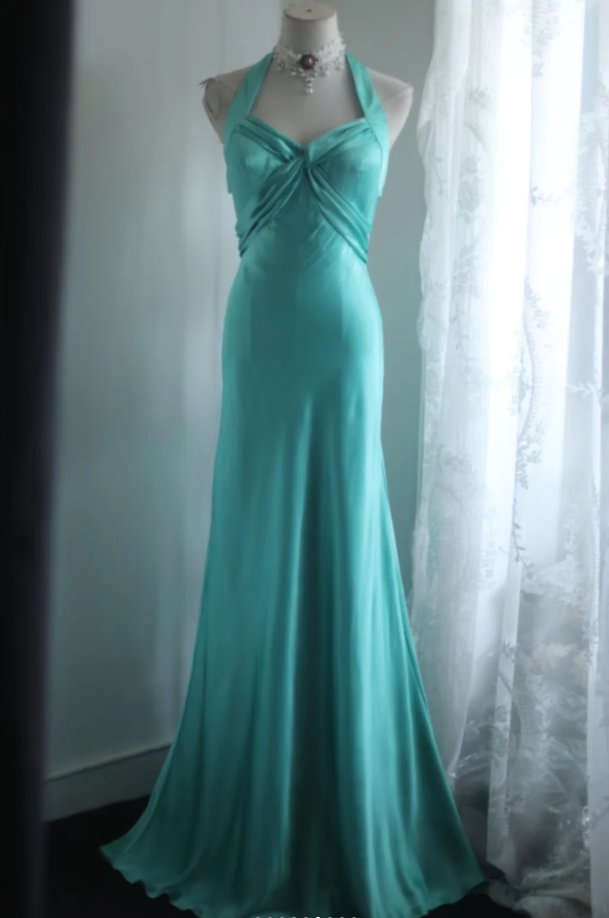 Elegant Green Halter Satin Mermaid Long Wedding Guest Dress Party Dress SP1263