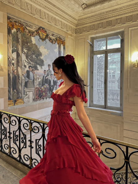 Pretty Red Chiffon Ruffles Long Evening Dress Prom Gown SP842