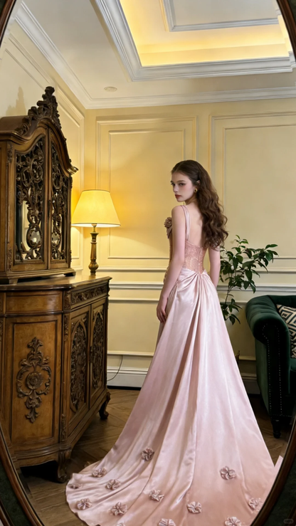 Beautiful Spaghetti Straps Pink Satin Pleated Mermaid Long Party Dress Prom Gown With 3D Flowers SP2061