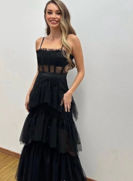 Elegant A-line Layered Tulle Black Prom Dress,Sheer Corset Long Evening Dress,Graduation Dress Y653