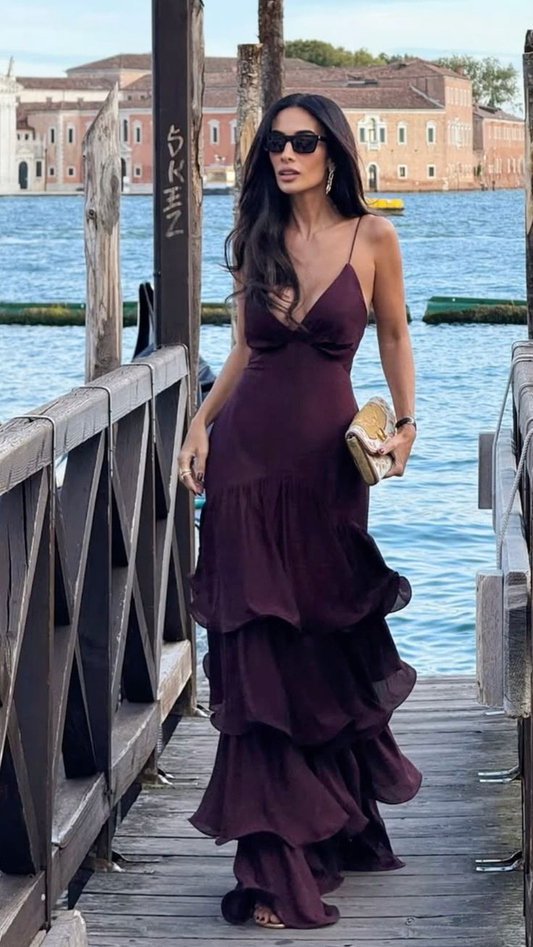 Stylish Purple Spaghetti Straps Layered Mermaid Long Wedding Guest Dress Party Dress SP905