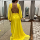 Yellow Chiffon A-line V Neckline Long Sleeves Lace-Up Back Long Prom Dress Y5794