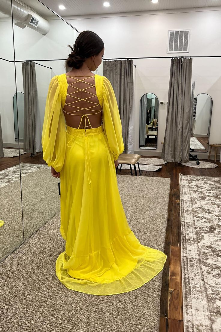 Yellow Chiffon A-line V Neckline Long Sleeves Lace-Up Back Long Prom Dress Y5794