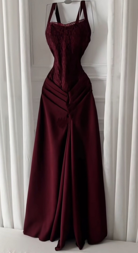 Charming Burgundy Spaghetti Straps Satin Pleated Mermaid Long Wedding Guest Dress Evening Dress SP1332