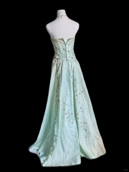 Pretty Mint Green Strapless Satin Beaded A Line Long Birthday Dress Party Dress SP2324