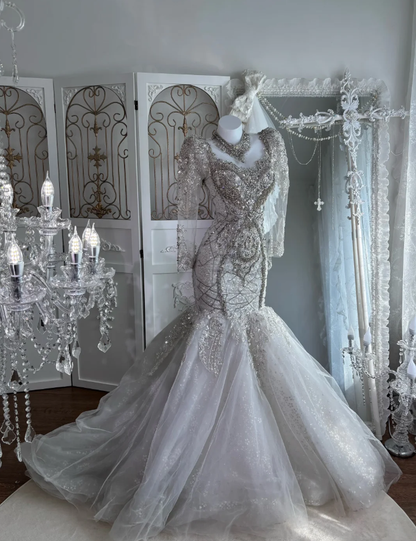 Gorgeous Silver Tulle Beaded Mermaid Long Wedding Dress Formal Bridal Dress SP1450