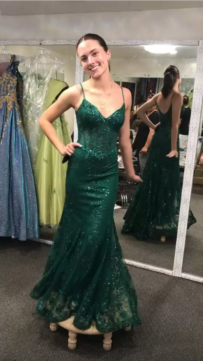Pretty Green Tulle Sequin Mermaid Long Party Dress Birthday Prom Dresses SP4231