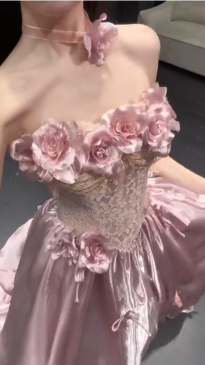 Glamorous Pink Strapless Satin Lace Long Prom Dress Party Gown With 3D Flowers SP2176