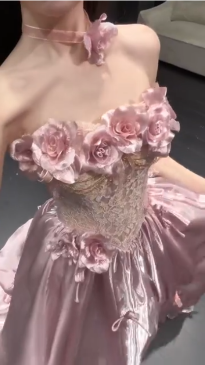 Glamorous Pink Strapless Satin Lace Long Prom Dress Party Gown With 3D Flowers SP2176