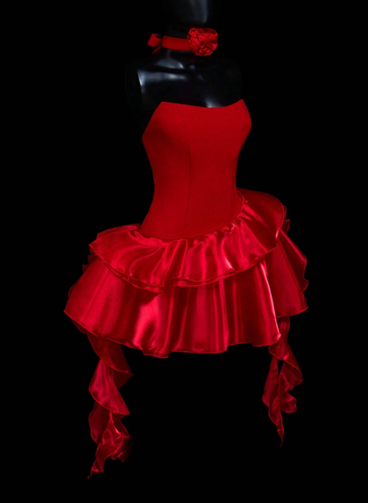 Pretty Red Strapless Satin Ruffles A Line Short Graduation Homecoming Dress Birthday Outfits Y9164