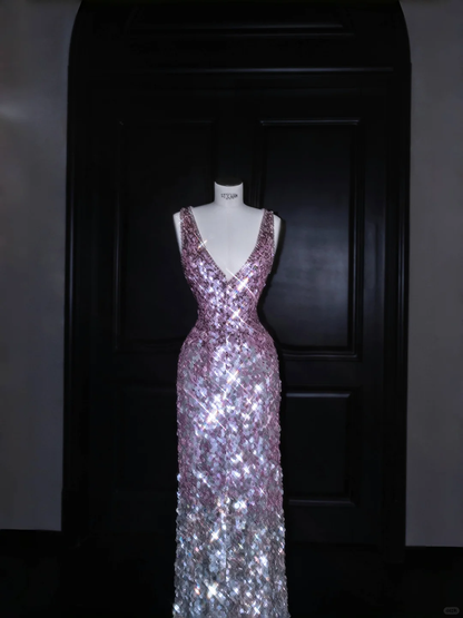 Gorgeous Pink V Neck Sequins Long Prom Dress Evening Dress Y8688