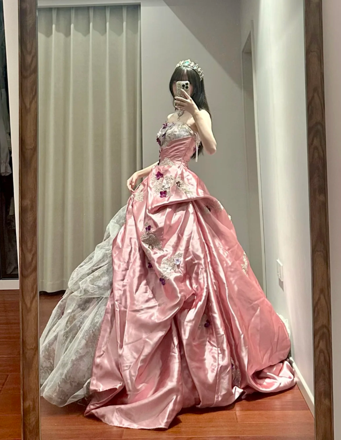 Pretty Pink Strapless Satin Pleated Appliques Ball Gown Sweet 16 Dress Formal Quinceanera Dress  SP1189