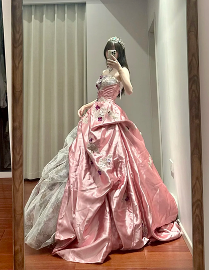 Pretty Pink Strapless Satin Pleated Appliques Ball Gown Sweet 16 Dress Formal Quinceanera Dress  SP1189