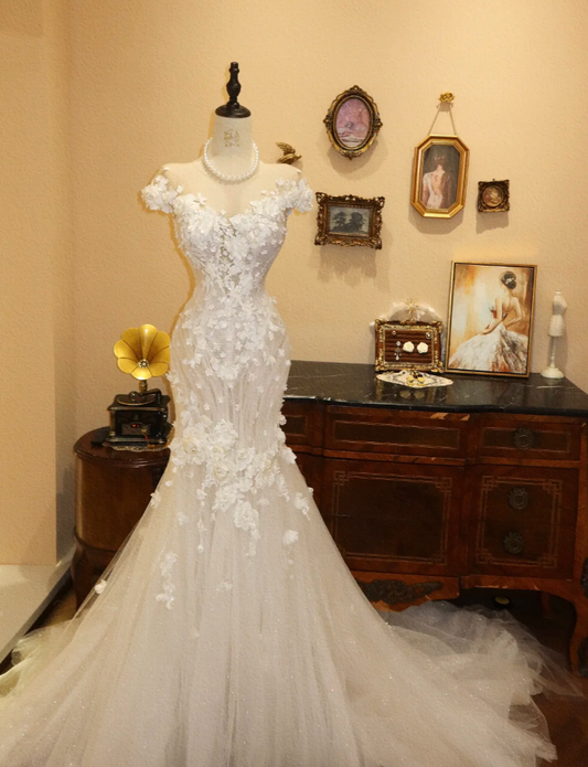 Vintage White Tulle Appliques Mermaid Long Wedding Dress Formal Bridal Dress SP1878