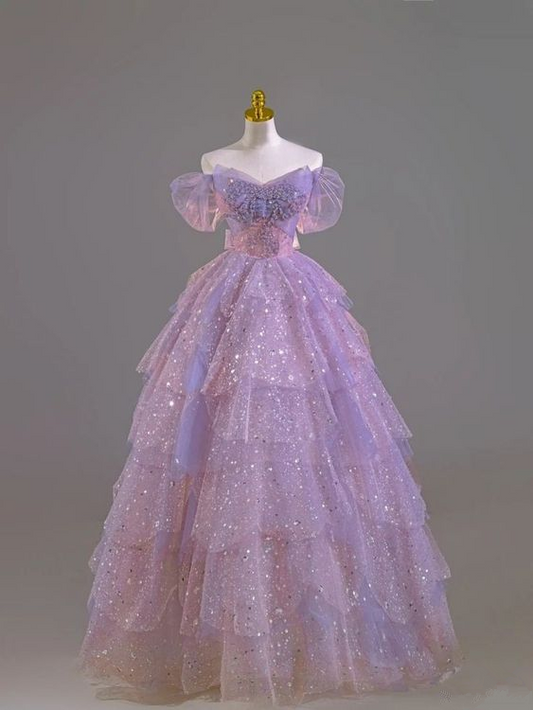 Glamorous Purple A-line Multi-layered Tulle Prom Dress,18th Birthday Dress Y5867