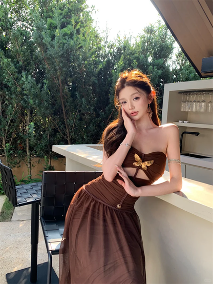 Sexy Brown Strapless A Line Long Prom Dress Evening Dress SP2289