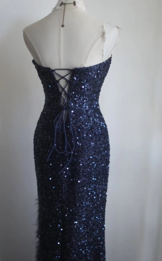 Elegant Strapless Navy Blue Sequin Feathers Slit Mermaid Evening Dress Long Birthday Prom Gown SP1172